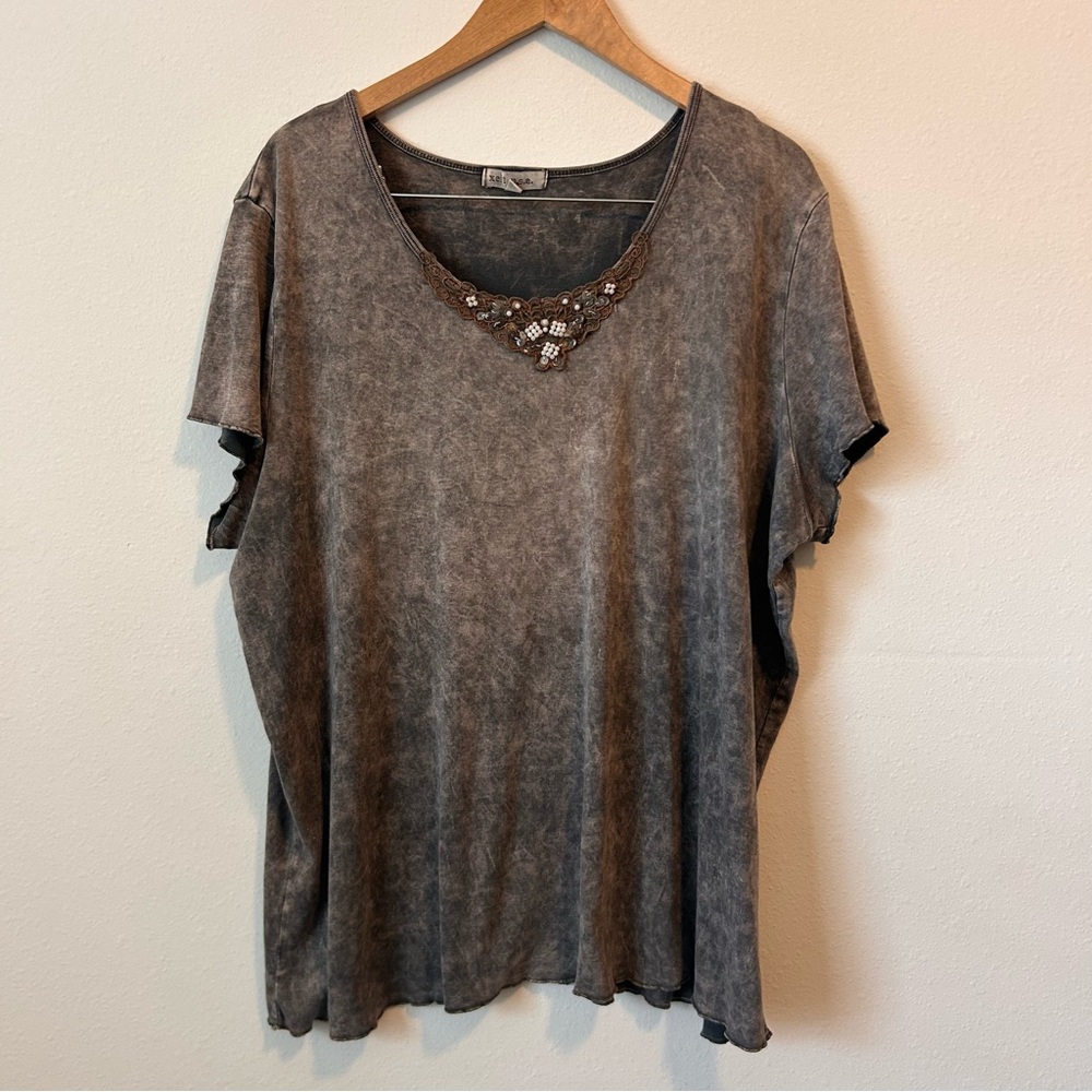 Vintage Xcit USA 3X Womens Distressed Beaded Lace Blouse